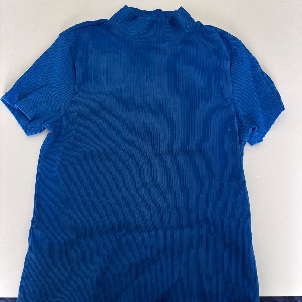 Women's Dark Blue Maeve by Anthropologie Mock Neck Turtleneck Short Sleeve Top